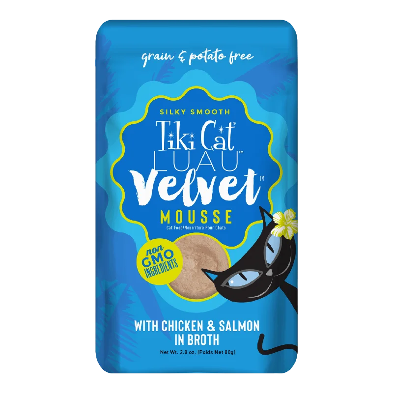    - High-fiber cat food  Tiki Cat Velvet Mousse Chicken & Salmon