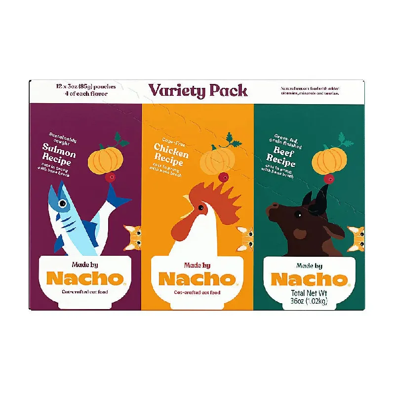 ---Made by Nacho Cuts In Gravy Recipes With Bone Broth Variety Pack Wet Cat Food 2-12 / 3 oz ---Made by Nacho Cuts In Gravy Recipes With Bone Broth Variety Pack Wet Cat Food 2-12 / 3 oz
