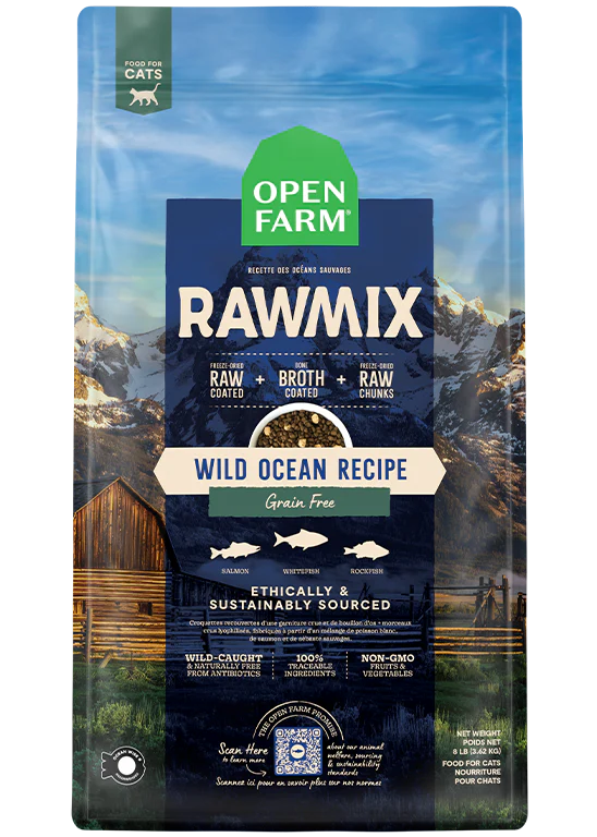    - Indoor cat food  Open Farm Cat RawMix Grain Free Wild Ocean