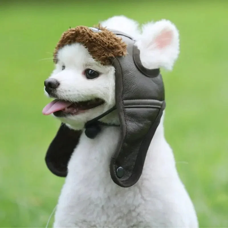 Anniepaw Dog Pilot Leather Winter Cap Cosplay Accessories Cute Headgears Windproof Hat for Cat Puppy