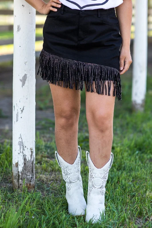 Black Denim Skirt With Fringe Detail