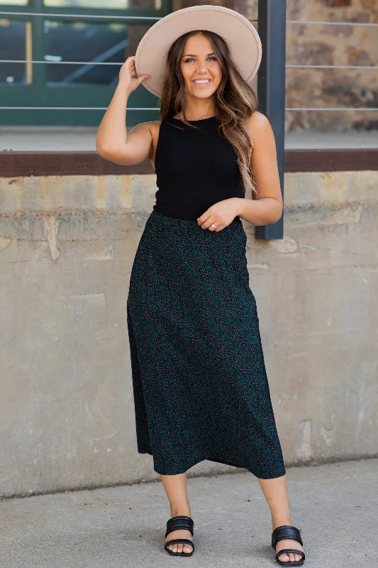 Black Ditsy Floral Midi Length Skirt