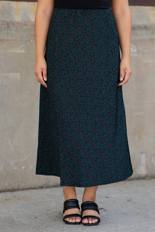 Black Ditsy Floral Midi Length Skirt