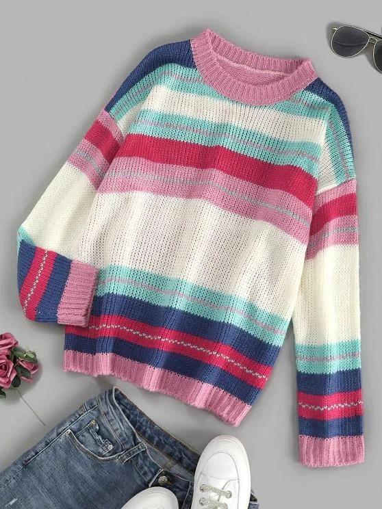 Colorful Striped Drop Shoulder Jumper Sweater