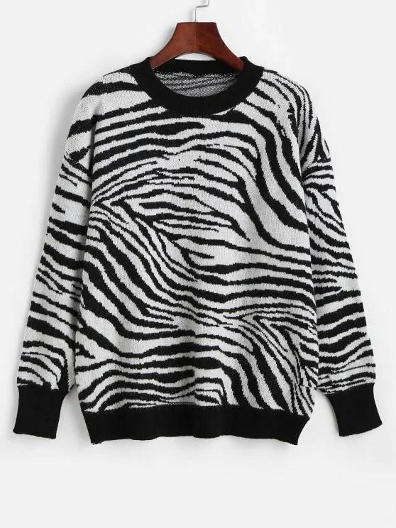 Crew Neck Drop Shoulder Zebra Sweater