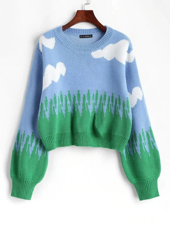 Crew Neck Lantern Sleeve Clouds Sweater