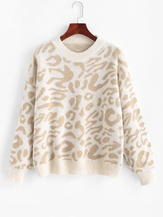 Drop Shoulder Crew Neck Leopard Sweater