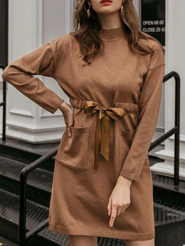 Drop Shoulder Tie Waist Sweater Dress