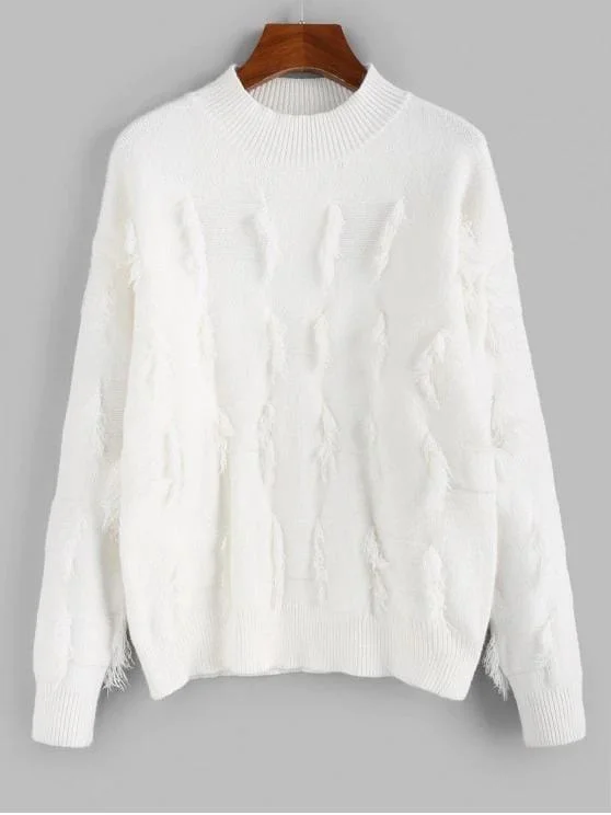 Frayed Detail Mock Neck Drop Shoulder Sweater