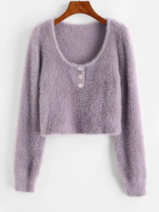 Half Buttoned Fuzzy Cropped Sweater