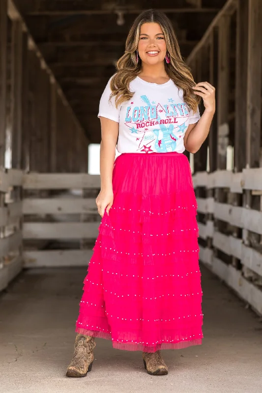 Hot Pink Tulle Midi Skirt With Pearl Detail