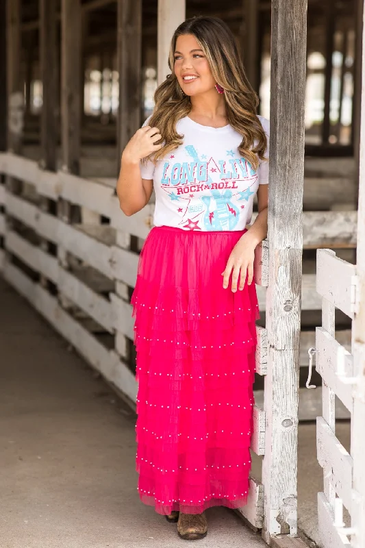 Hot Pink Tulle Midi Skirt With Pearl Detail