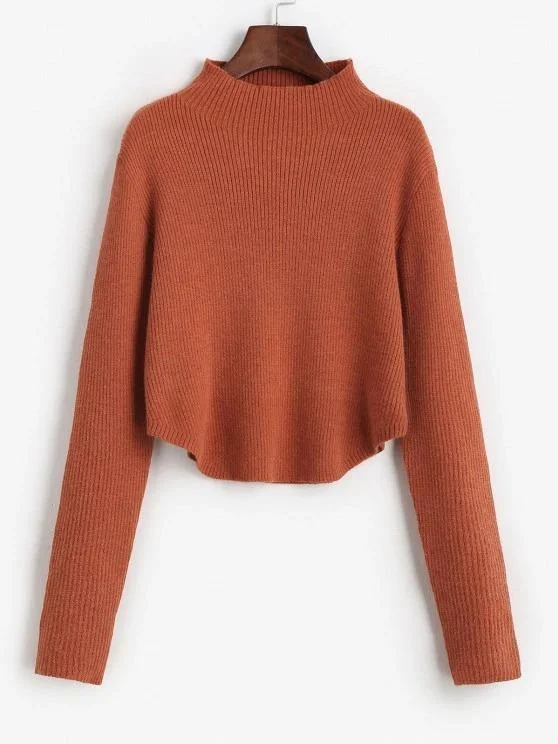 Mock Neck Ribbed Curved Hem Sweater