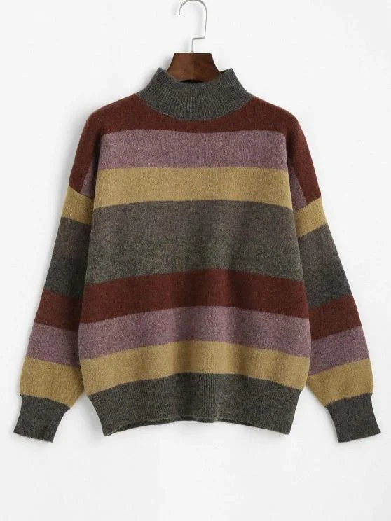 Mock Neck Striped Colorblock Sweater