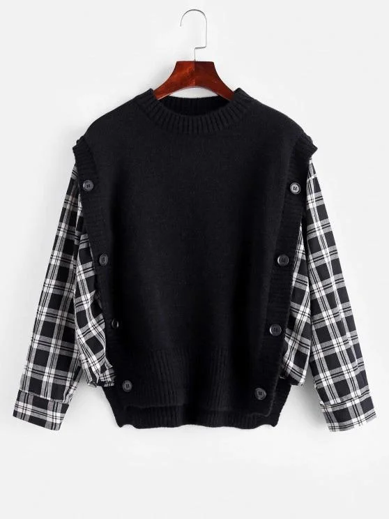 Plaid Mock Button Oversized Twofer Sweater