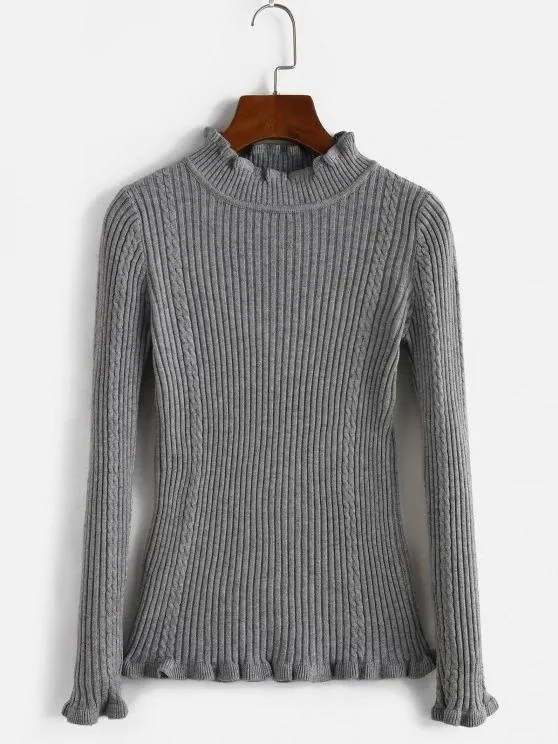 Ribbed High Neck Slim Lettuce Sweater