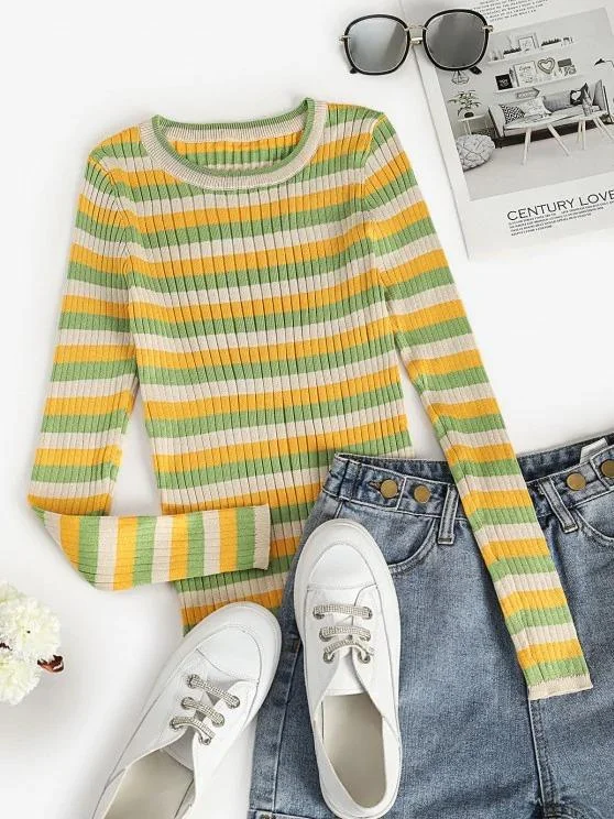 Ribbed Striped Fitted Sweater