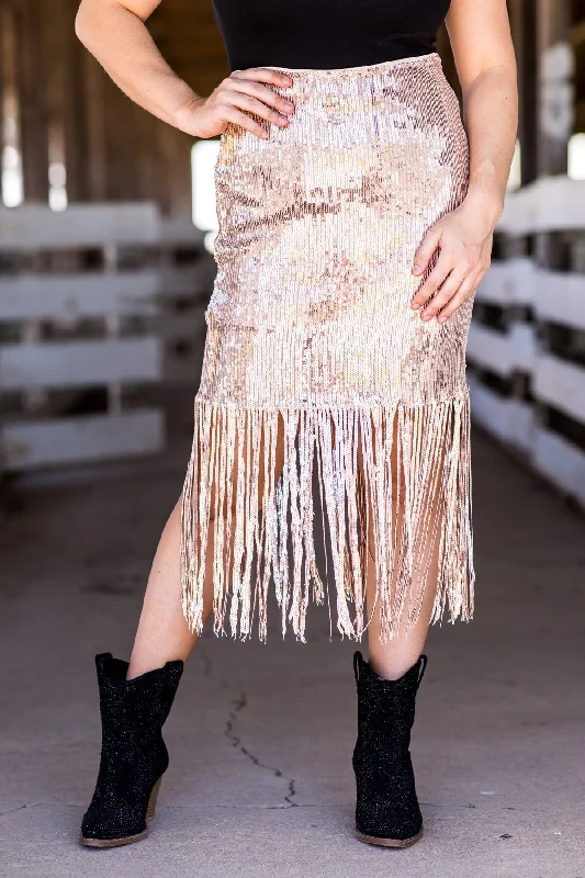 Rose Gold Sequin Midi Skirt With Fringe