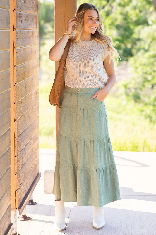 Sage Soft Linen Tiered Midi Skirt