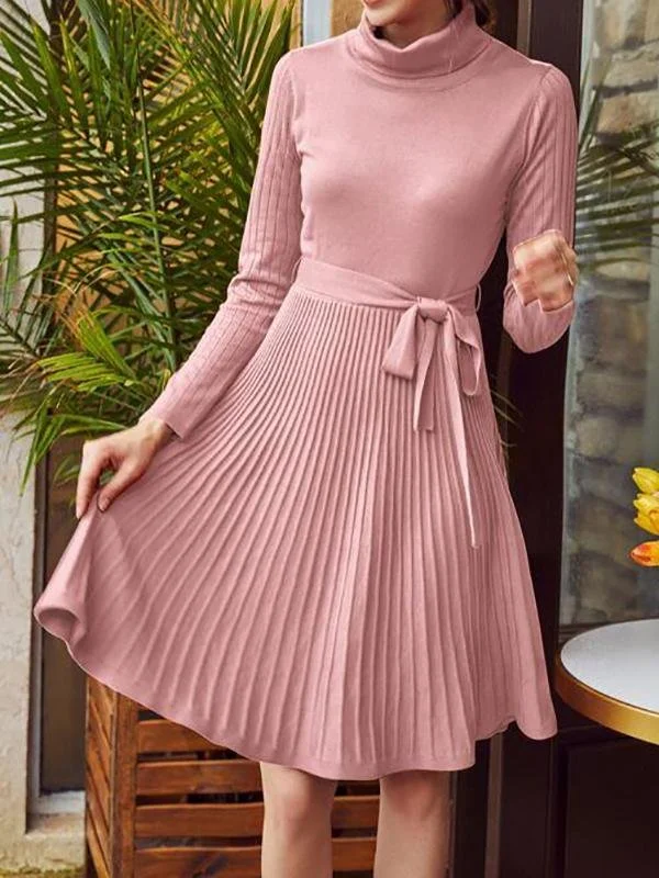 Turtle Neck Belted Ribbed Knit Sweater Dress