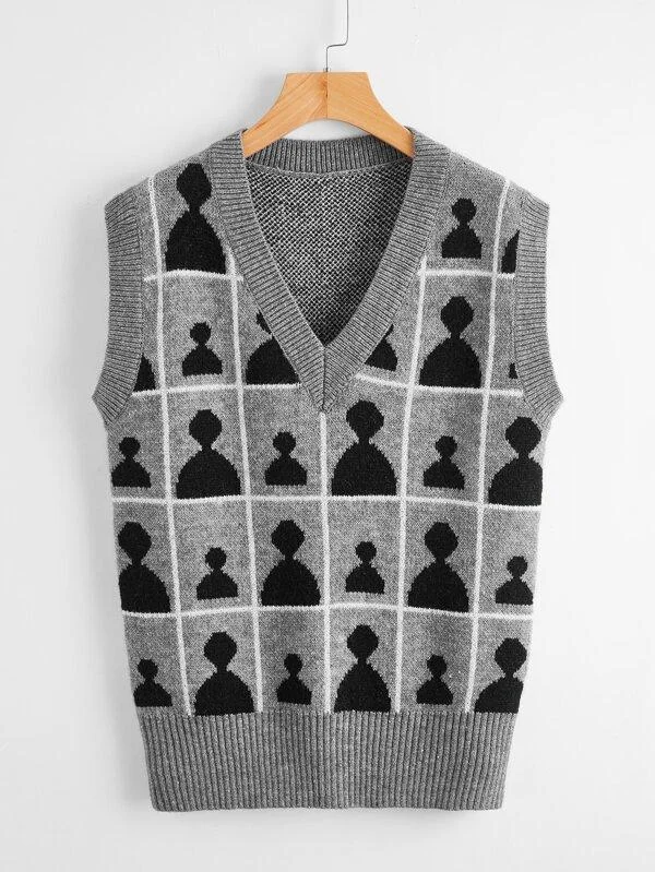 V Neck Graphic Pattern Sweater Vest