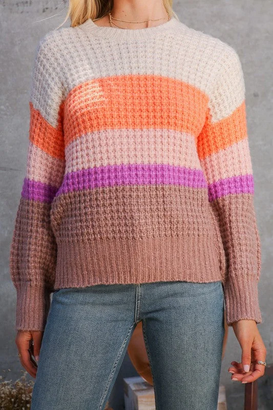 WAFFLE STITCH MULTI COLOR BOLD STRIPE SWEATER