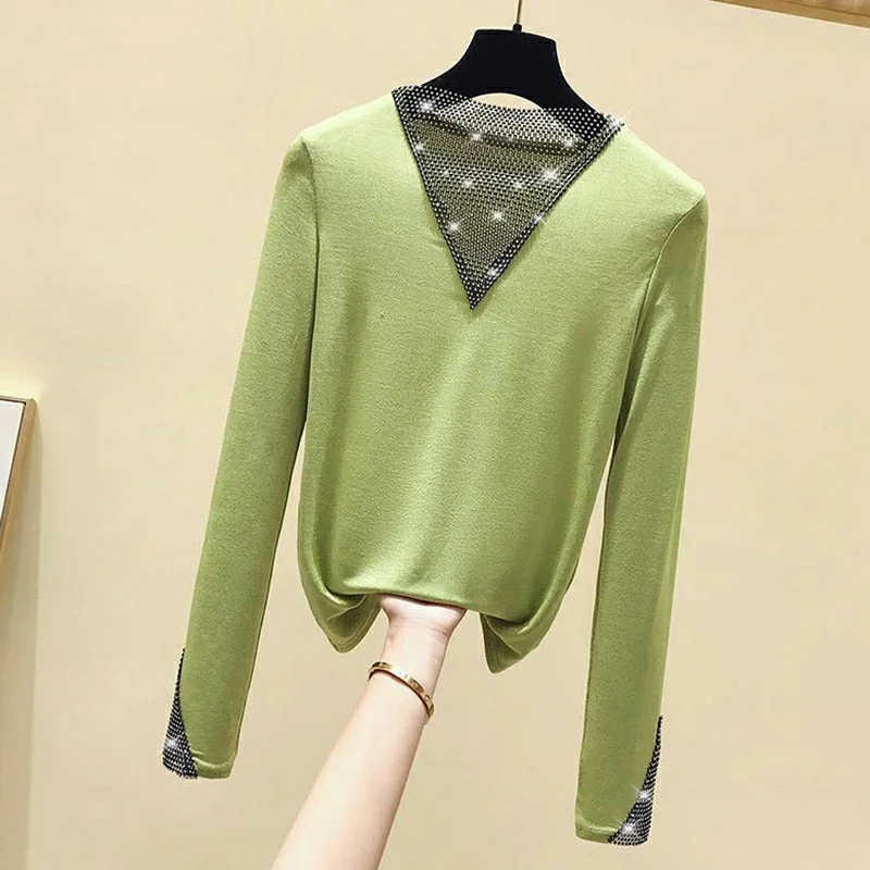 Women's V-Neck Long Sleeve Shiny T-Shirt Korean Style Top R2446