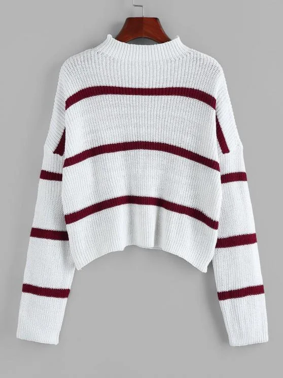 Striped Mock Neck Drop Shoulder Sweater