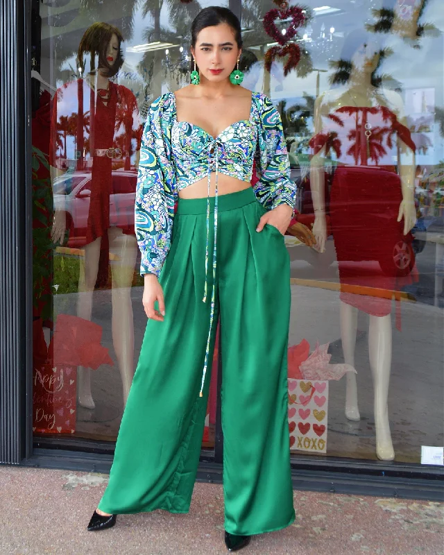 Many Flavor Satin Palazzo Pants Emerald Green