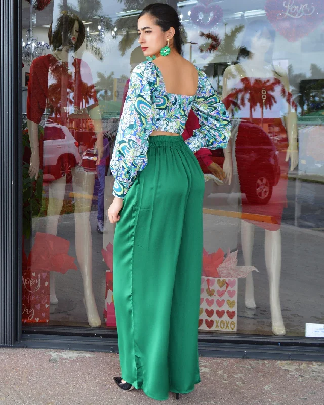 Many Flavor Satin Palazzo Pants Emerald Green