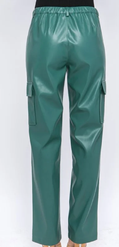 Maya Pu Leather Cargo Pants -Green Stone