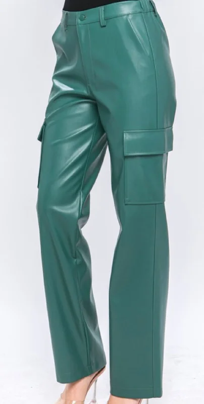 Maya Pu Leather Cargo Pants -Green Stone