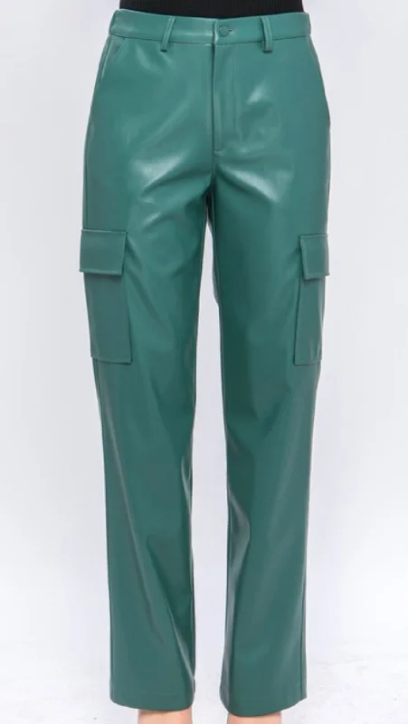 Maya Pu Leather Cargo Pants -Green Stone