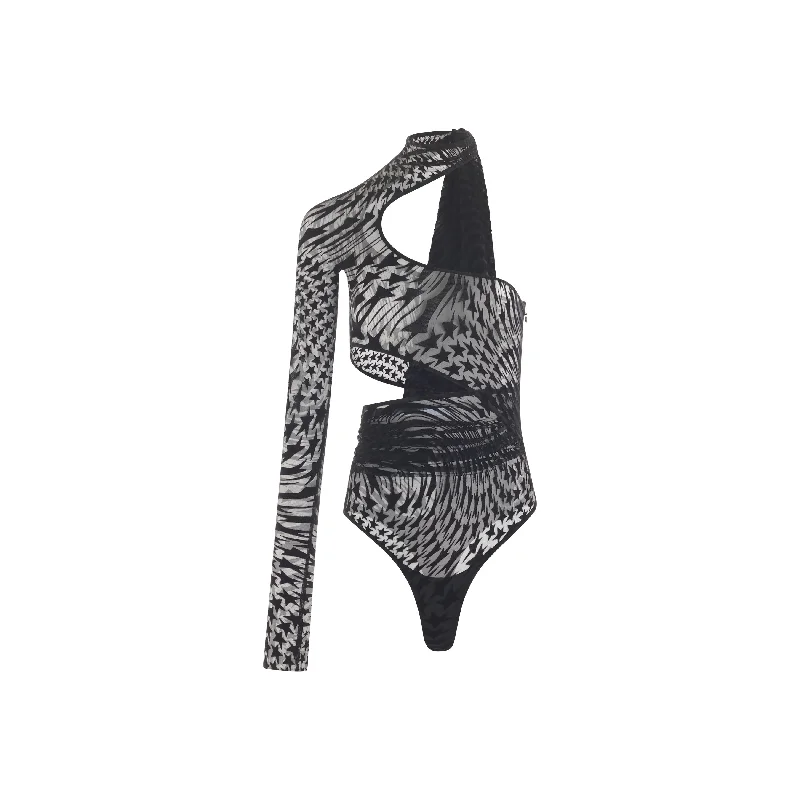 black flocked mesh wrapped bodysuit