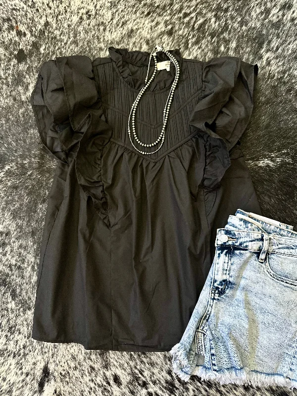 Black Pleated Mock Neck Top