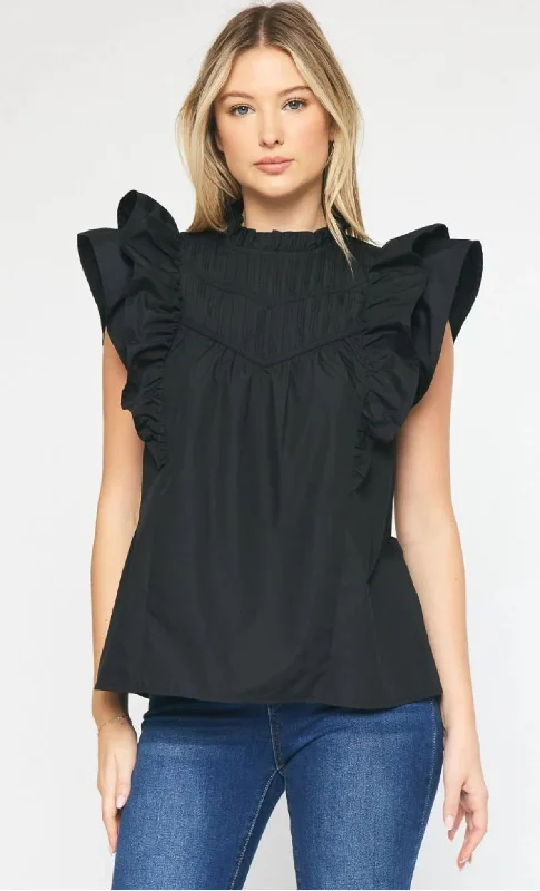 Black Pleated Mock Neck Top