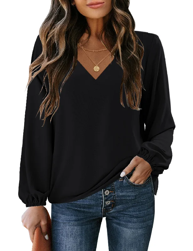 Black V-Neckline Bishop Sleeves Loose Fit Women's Top