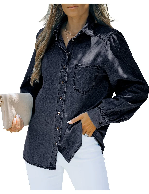 Dark Blue Puff Sleeves Button-Down Button-Down Top