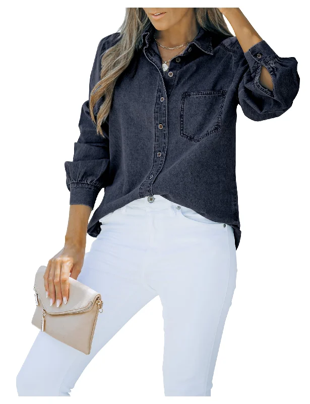 Dark Blue Puff Sleeves Button-Down Button-Down Top