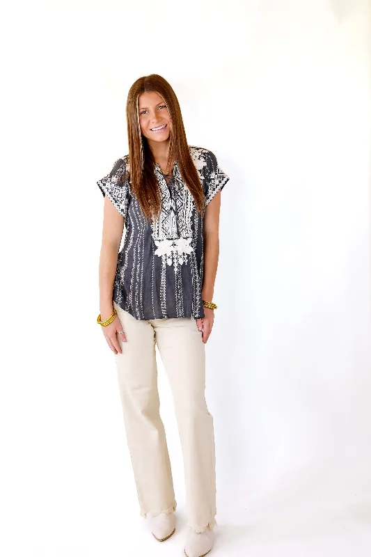 Coastal Comfort Floral Embroidered Top with Criss Cross Neckline in Charcoal Grey