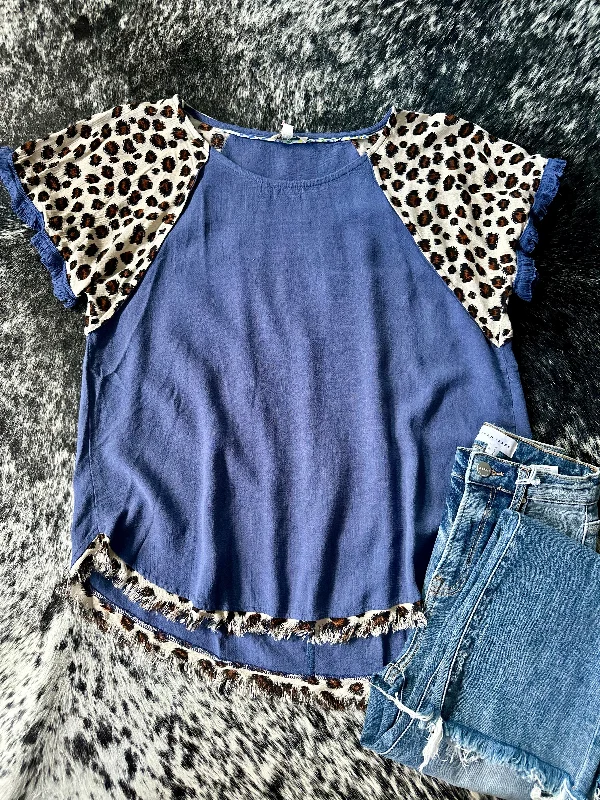 Leopard Trim Top - Denim Blue