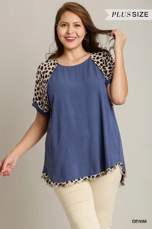 Leopard Trim Top - Denim Blue