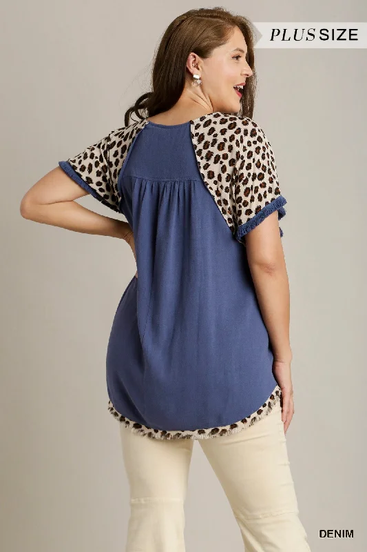 Leopard Trim Top - Denim Blue