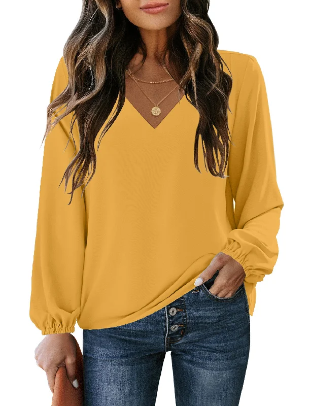 Mustard V-Neckline Bishop Sleeves Loose Fit Women's Top