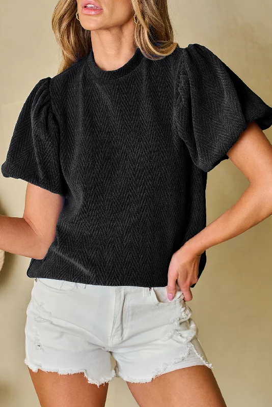 Hot Girl Textured Puff In Black Short Sleeve Blouse