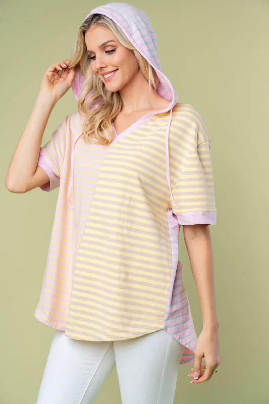 Hot Girl Alyce Striped Short Sleeve Drawstring Hooded Short Sleeve Top