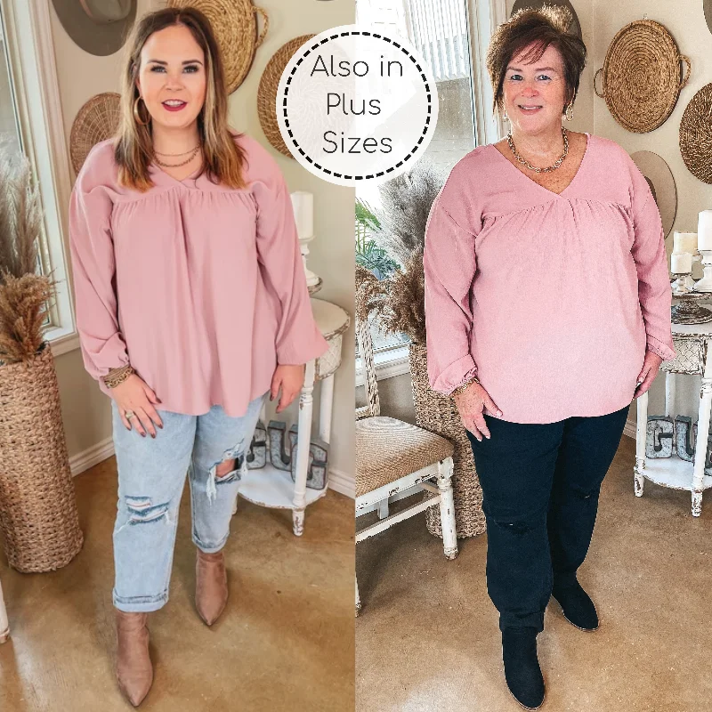 Office Feels Long Sleeve V Neck Babydoll Top in Dusty Pink