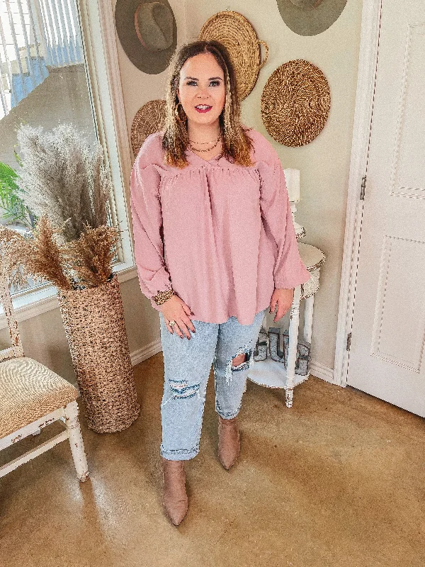 Office Feels Long Sleeve V Neck Babydoll Top in Dusty Pink