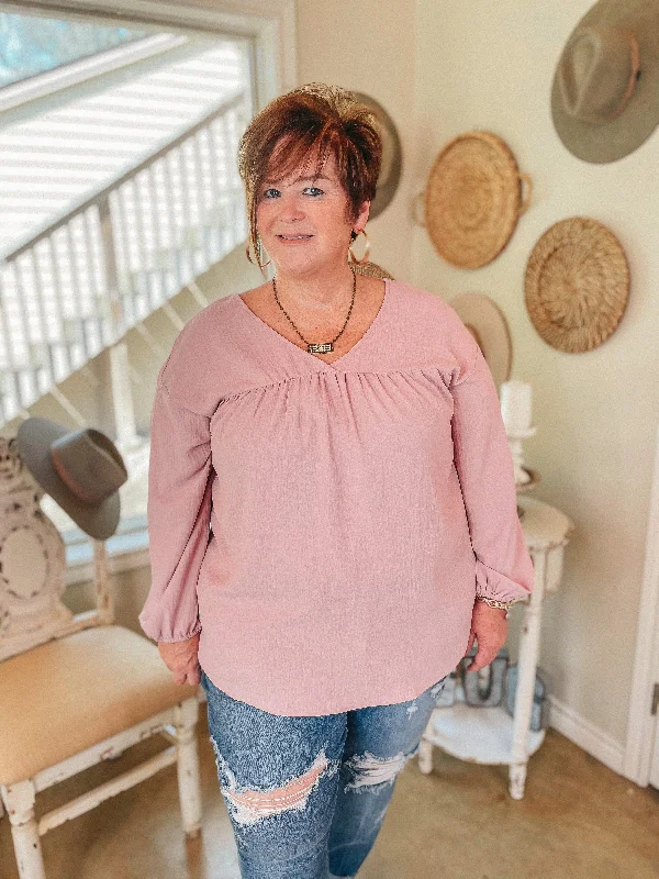 Office Feels Long Sleeve V Neck Babydoll Top in Dusty Pink