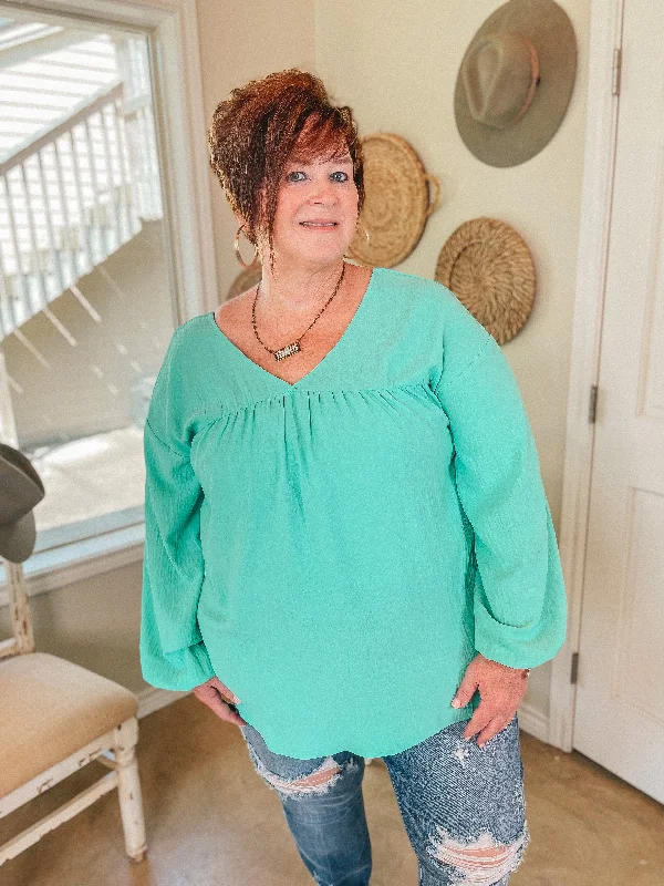 Office Feels Long Sleeve V Neck Babydoll Top in Mint